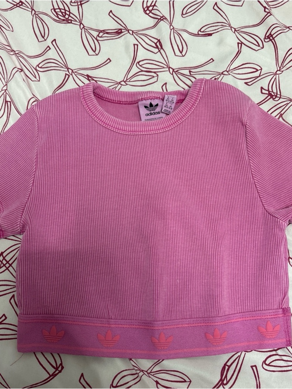 adidas Pink Ribbed Crop Tee with Trefoil Band